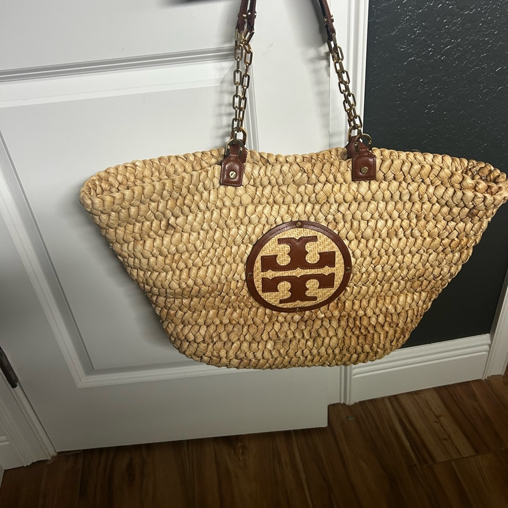 Tory Burch Woven Tote with Brown Leather Accents